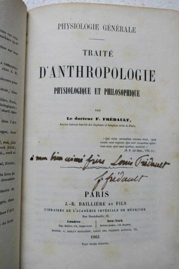 FRÉDAULT TRAITÉ D'ANTHROPOLOGIE physiologique et philosophique 1863 – Image 11