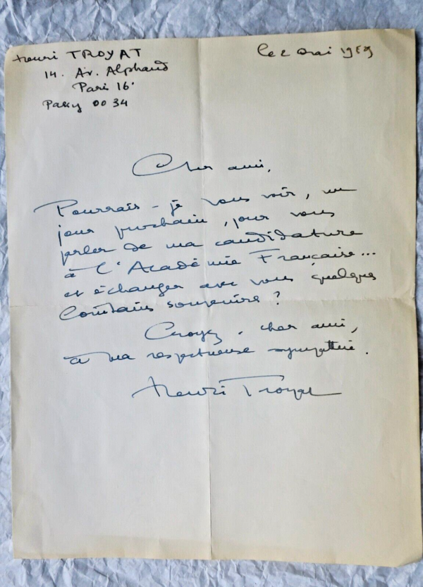 HENRI TROYAT belle lettre autographe manuscrite