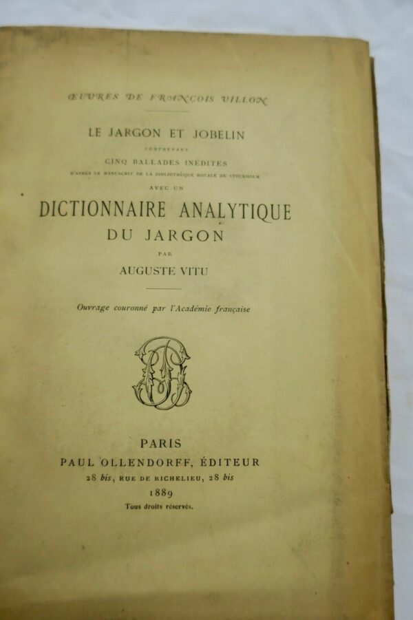 VILLON Le Jargon et Jobelin.. dictionnaire analytique du jargon 1889