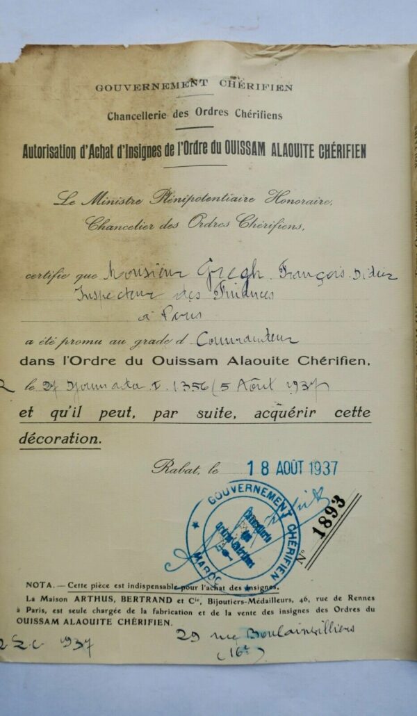 Brevet commandeur de l'Ordre du Ouissam Alaouite Chérifien 1937 – Image 4