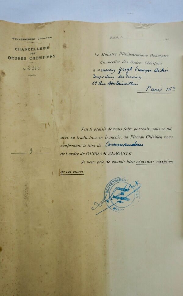 Brevet commandeur de l'Ordre du Ouissam Alaouite Chérifien 1937 – Image 5