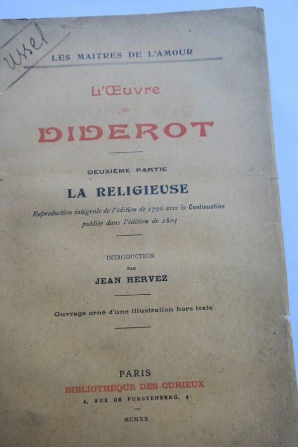 DIDEROT (Denis) L'Oeuvre de DIDEROT . Deuxième Partie : LA RELIGIEUSE 1920 – Image 3