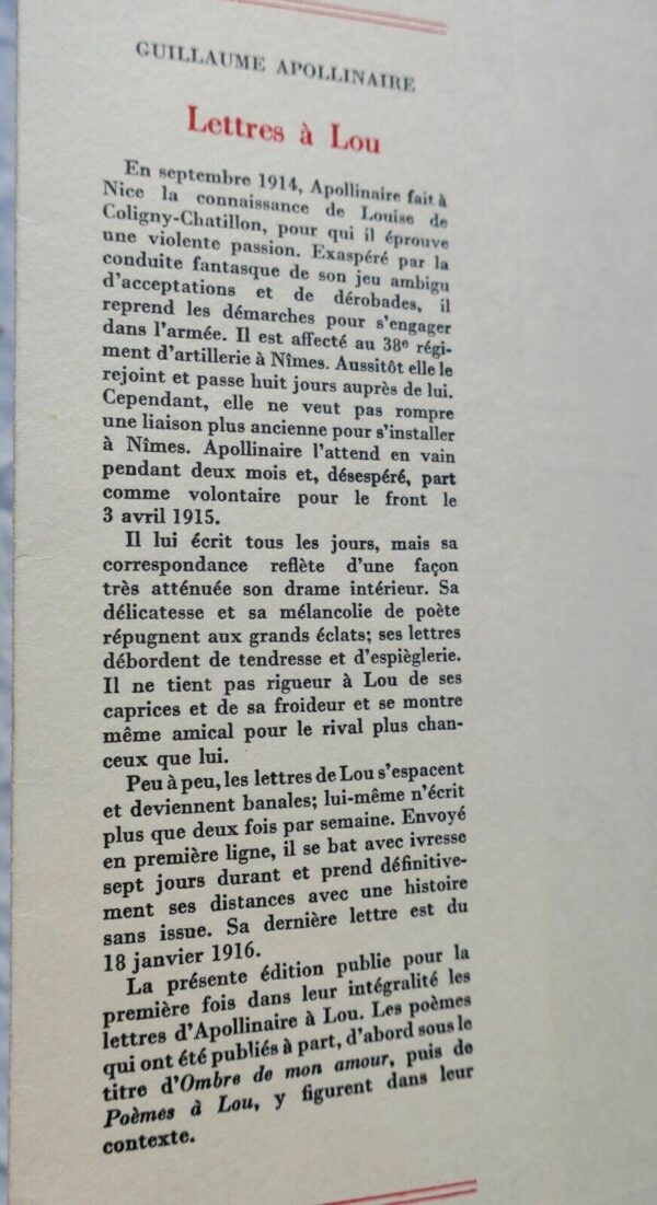 APOLLINAIRE (Guillaume) Lettres à Lou Préface et notes de Michel Décaudin EO – Image 11