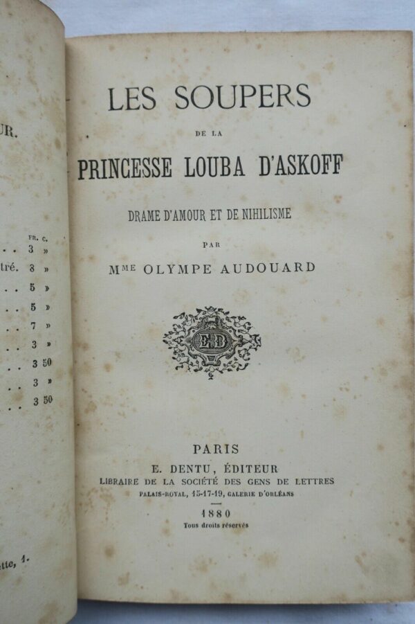 Audouard Les soupers de la princesse Louba d'Askoff..de nihilisme 1880 – Image 3