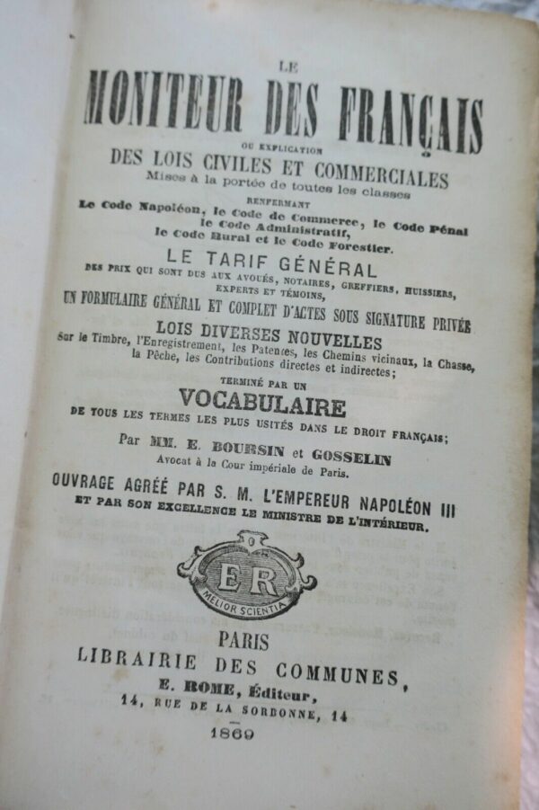 MONITEUR DES FRANCAIS OU EXPLICATION DES LOIS CIVILES et commerciales 1869 – Image 4