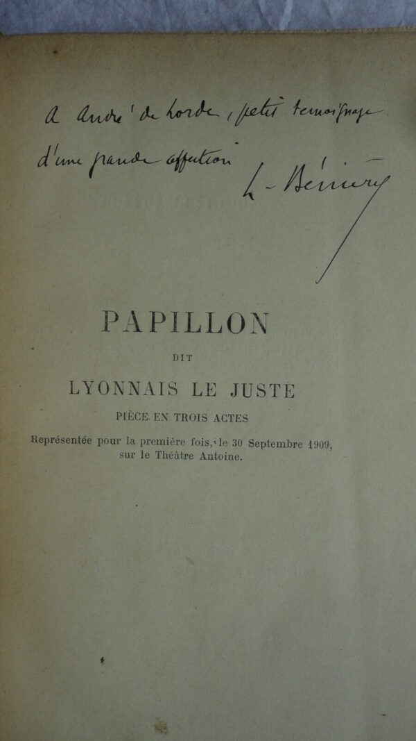 Papillon dit Lyonnais le Juste Pièce en Trois Actes 1910 + envoi – Image 3