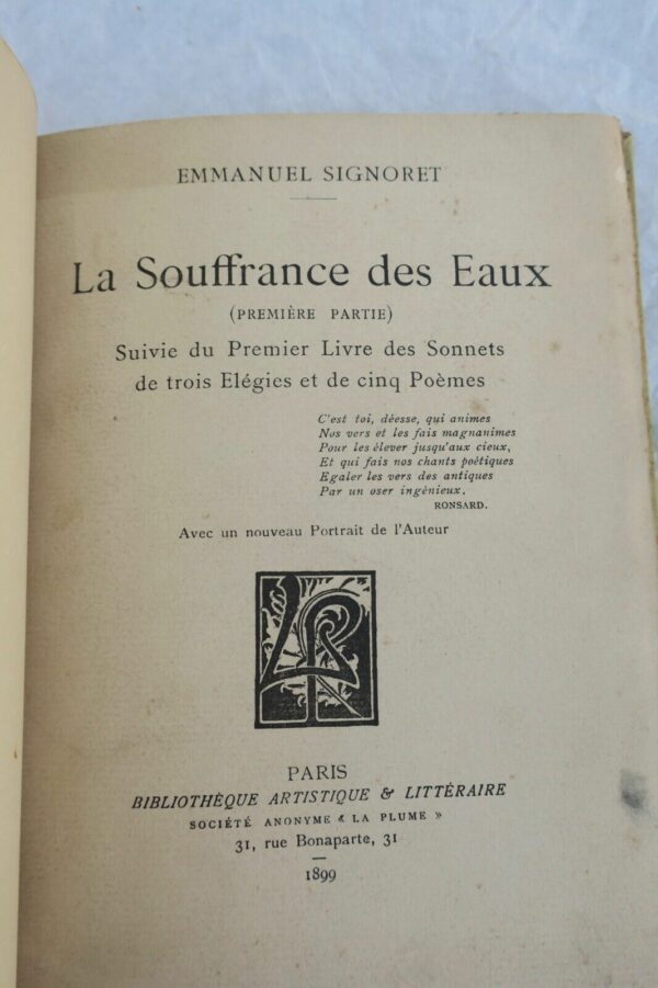 SIGNORET la SOUFFRANCE des EAUX,Livre des Sonnets de trois Élégies... – Image 4