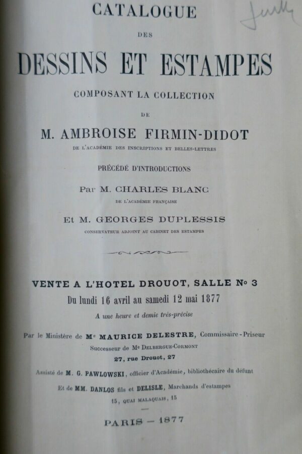 CATALOGUE : FIRMIN-DIDOT 1877