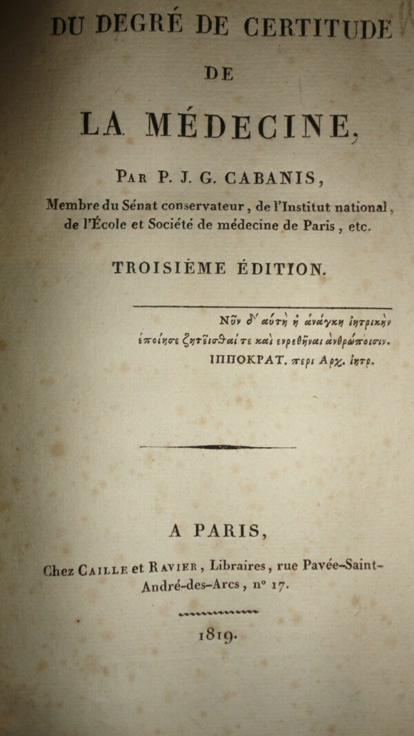 Cabanis Du degre de certitude de la médecine 1819 + rares articles de Volney U.S