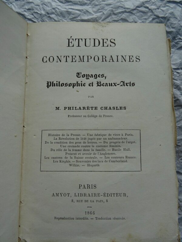 ETUDES CONTEMPORAINES, VOYAGES, PHILOSOPHIE ET BEAUX-ARTS 1866 – Image 3