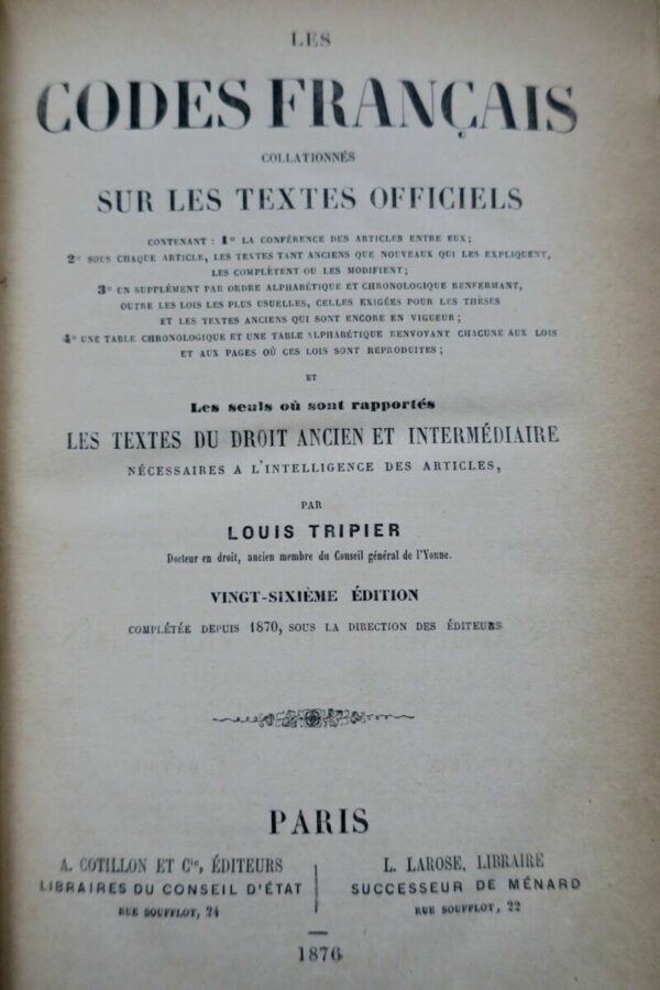 LES CODES FRANCAIS COLLATIONNES SUR LES TEXTES OFFICIELS 1876 – Image 4