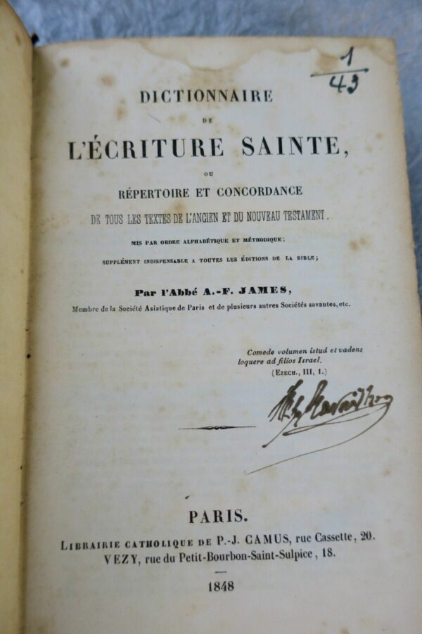 DICTIONNAIRE DE L'ECRITURE SAINTE OU REPERTOIRE ET CONCORDANCE 1848 – Image 3