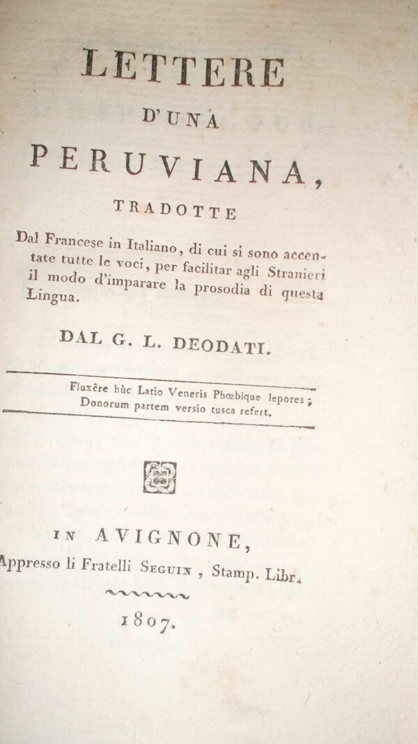 Deodati, G L Lettere D'Una Peruviana tradotte Dal Francese in Italiano    1807