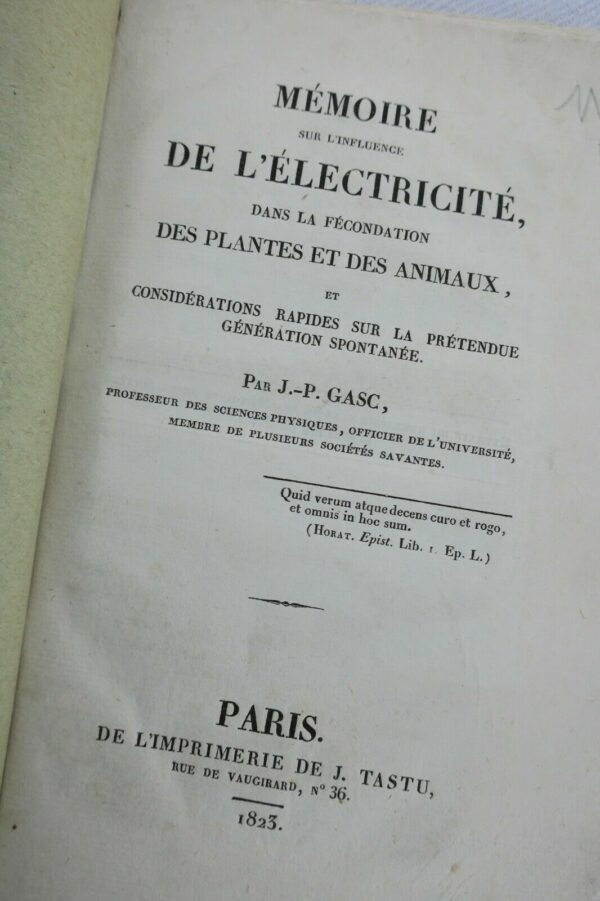 Electricité  Gasc  Mémoires sur l’influence de l’électricité dans la fécondé