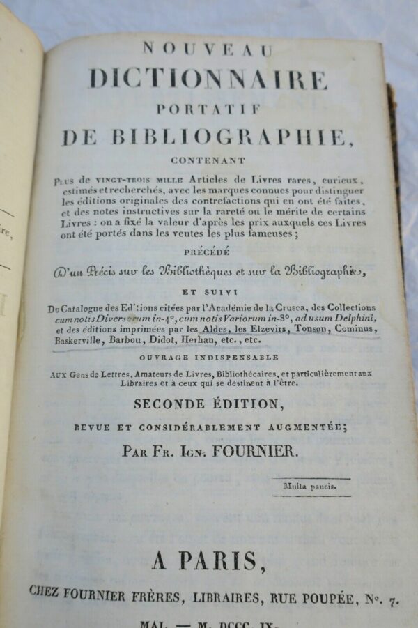 FOURNIER Nouveau Dictionnaire Portatif de Bibliographie 1809 – Image 9