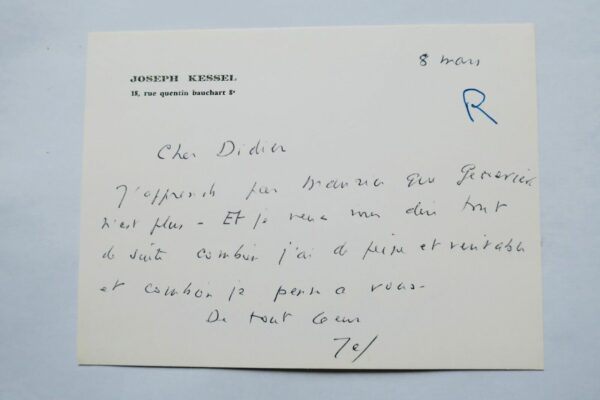 Joseph KESSEL belle carte autographe manuscrite