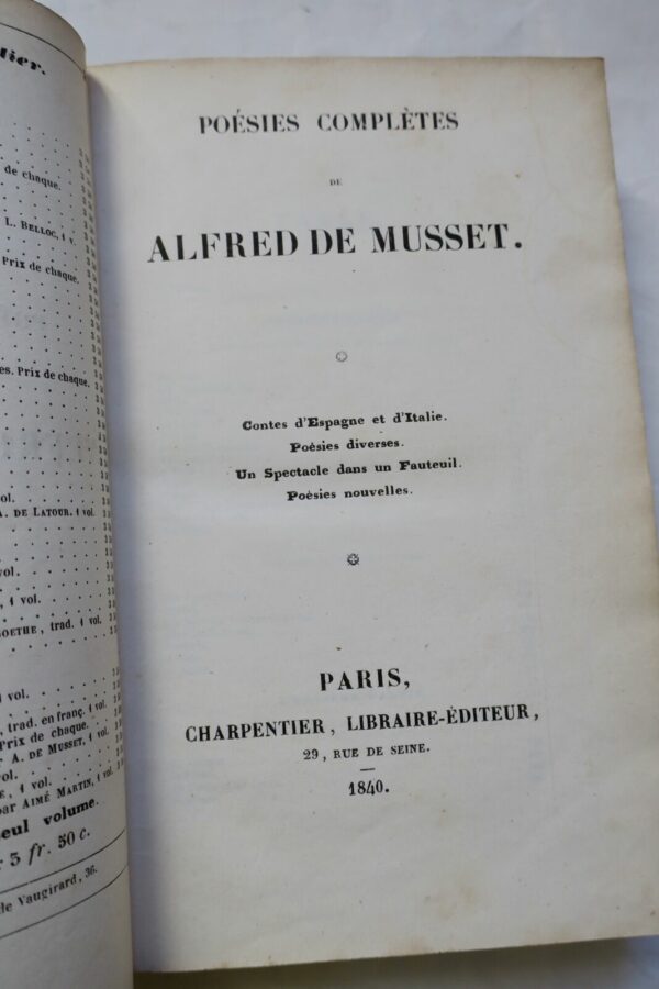 Musset Poésies complètes. Contes d'Espagne et d'Italie 1840 EO – Image 3