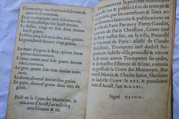 Or & argent Ordonnances du Roy contenant le pois & pris des especes d'or & 1561 – Image 11