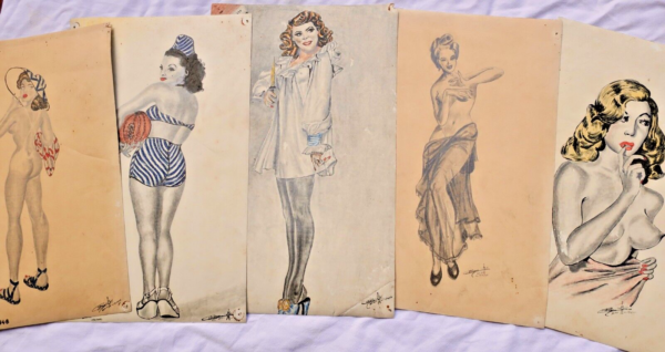 Curiosa dessins originaux à la main, datés et signés  pin-up 1948