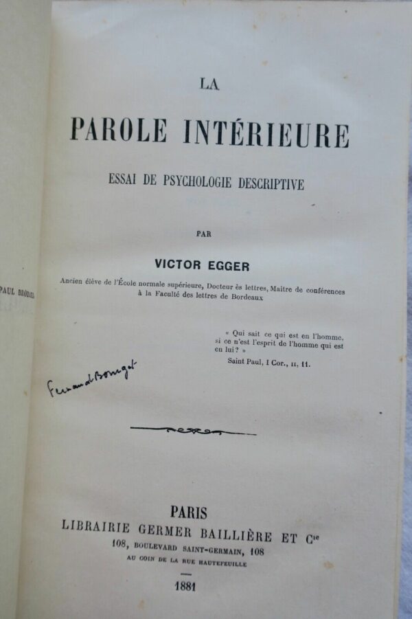 EGGER LA PAROLE INTERIEURE, ESSAI DE PSYCHOLOGIE DESCRIPTIVE 1881 + envoi – Image 6