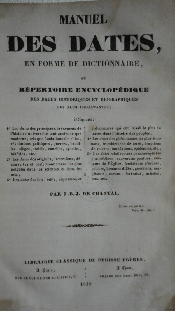 MANUEL DES DATES EN FORME DE DICTIONNAIRE OU REPERTOIRE 1839 – Image 4