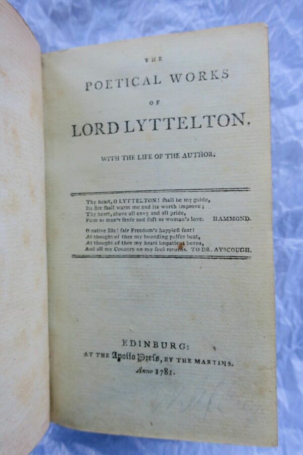 POETICAL WORKS OF GEORGE LORD LYTTELTON 1781 James Hammond 1787 William Collins – Image 4