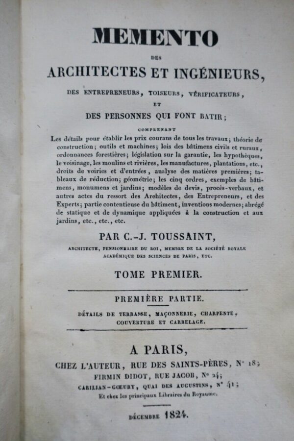 Toussaint Memento des architectes et ingénieurs, des entrepreneurs…1824 – Image 3