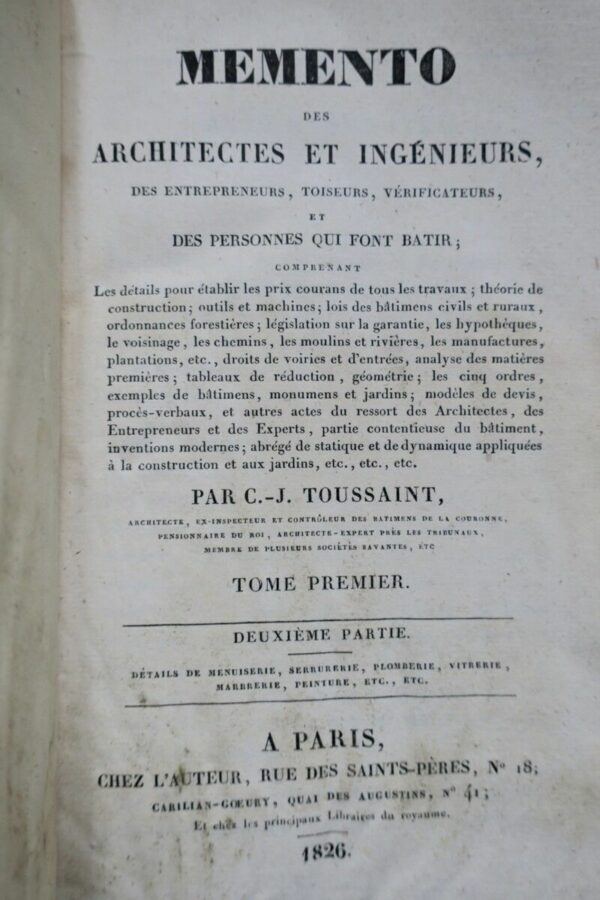 Toussaint Memento des architectes et ingénieurs, des entrepreneurs…1824 – Image 5