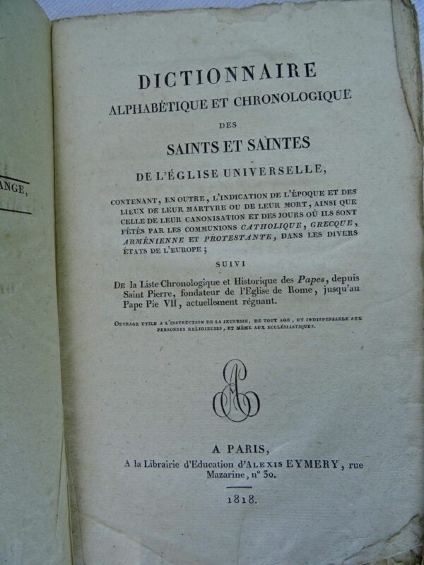 Dictionnaire alphabétique et chronologique des saints et saintes 1818