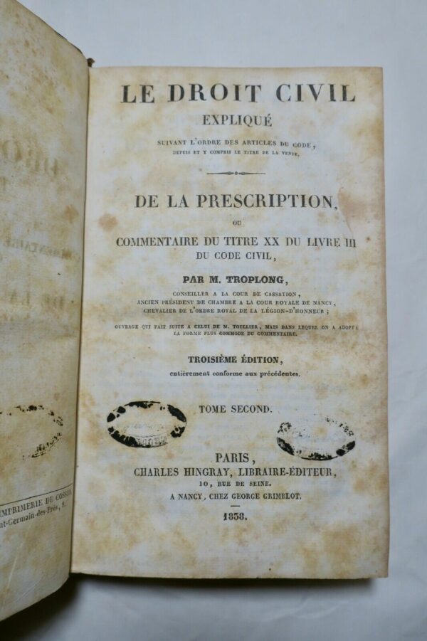 Droit Troplong De la prescription, ou Commentaire ... 1838 – Image 3