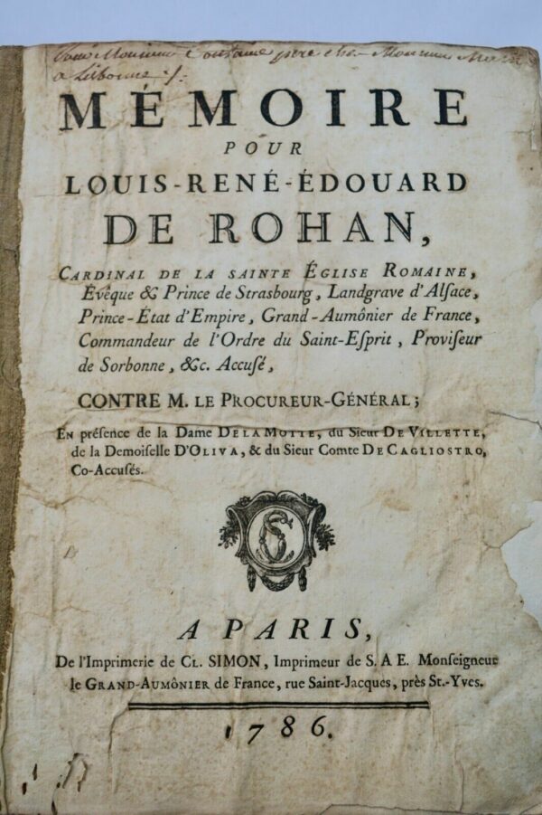 Mémoire pour de Rohan, cardinal 1786 affaire du Collier de la Reine