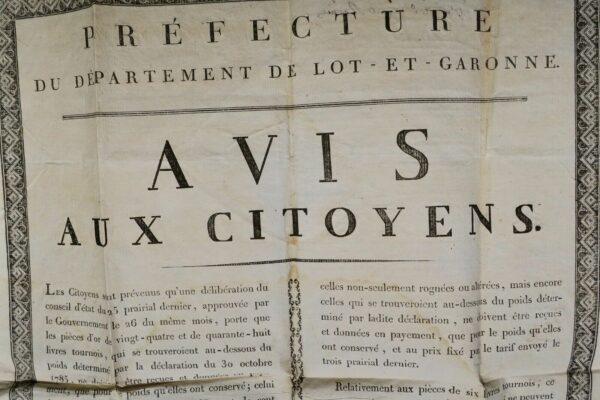 Monnaie pièces d'or, argent rognées ..livres tournois... avis aux citoyens 1803 – Image 3