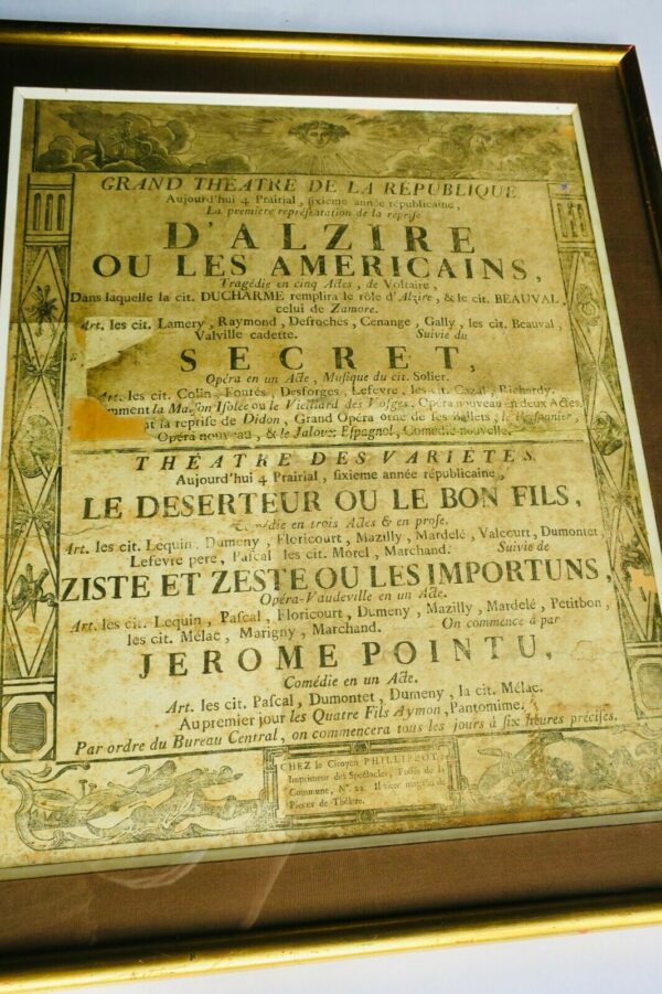 Alzire ou les américains....affiche théâtre 1798 IV prairial AN VI – Image 3