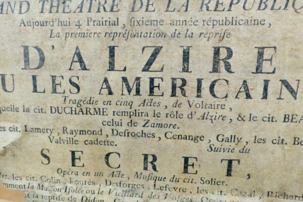 Alzire ou les américains....affiche théâtre 1798 IV prairial AN VI – Image 7