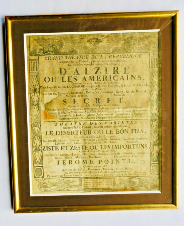 Alzire ou les américains....affiche théâtre 1798 IV prairial AN VI