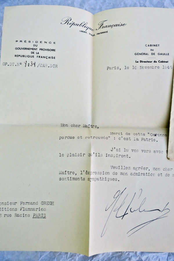 De Gaulle gouvernement provisoire lettre signée 10 /11/1945 – Image 3