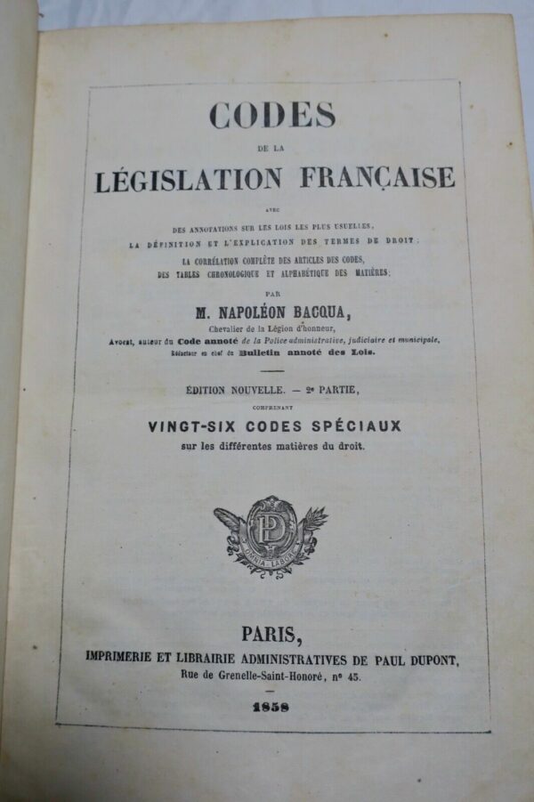 Droit BACQUA CODES DE LA LEGISLATION FRANCAISE - 1858 – Image 6