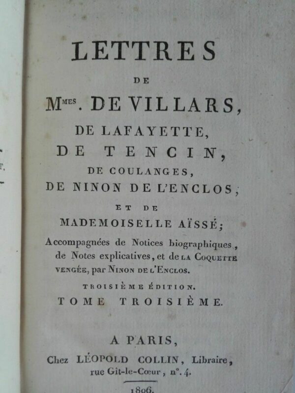 Lettres de Mmes De Villars, de La Fayette, de Tencin 1806 – Image 3