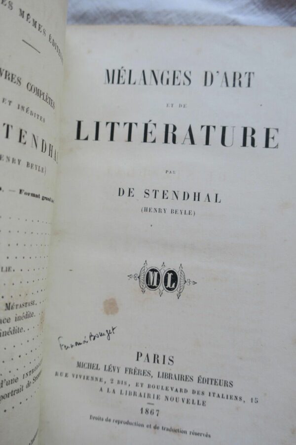 STENDHAL Mélanges d'Art et de Littérature 1867