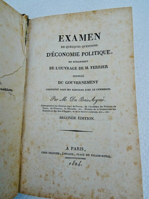 economie Du Bois Aymé  Examen de quelques questions d'économie 1824 – Image 6