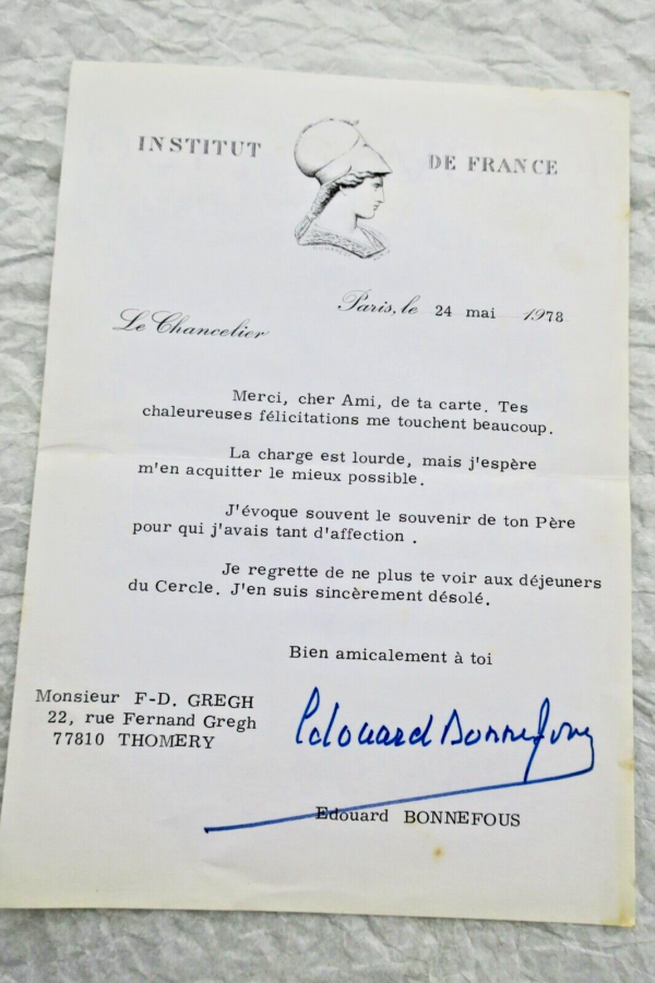 EDOUARD BONNEFOUS lettre tapuscrite & signée