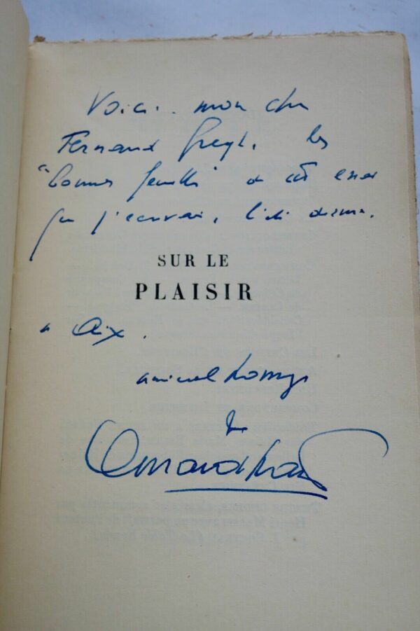 Grasset "Sur le Plaisir" Essai de Bernard GRASSET EO 1954 Envoi – Image 3