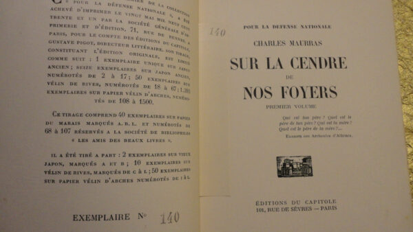 MAURRAS CHARLES SUR LA CENDRE DE NOS FOYERS    sur vélin nté – Image 3